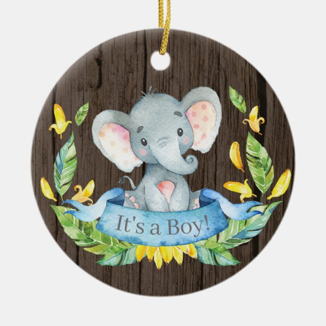Rustic Boy Elephant Baby Shower Blue Julgransprydnad Keramik (Framsidan)