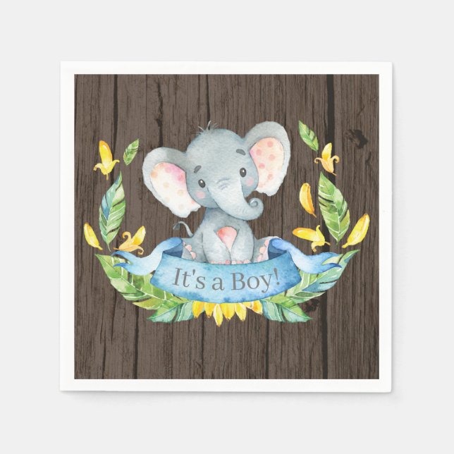 Rustic Boy Elephant Baby Shower Blue Napkins Pappersservett (Framsidan)
