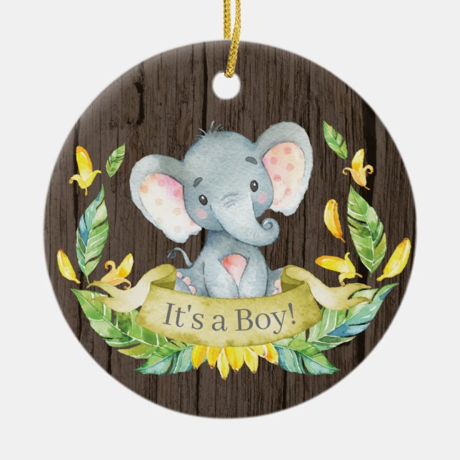 Rustic Boy Elephant Baby Shower Gult Julgransprydnad Keramik (Framsidan)