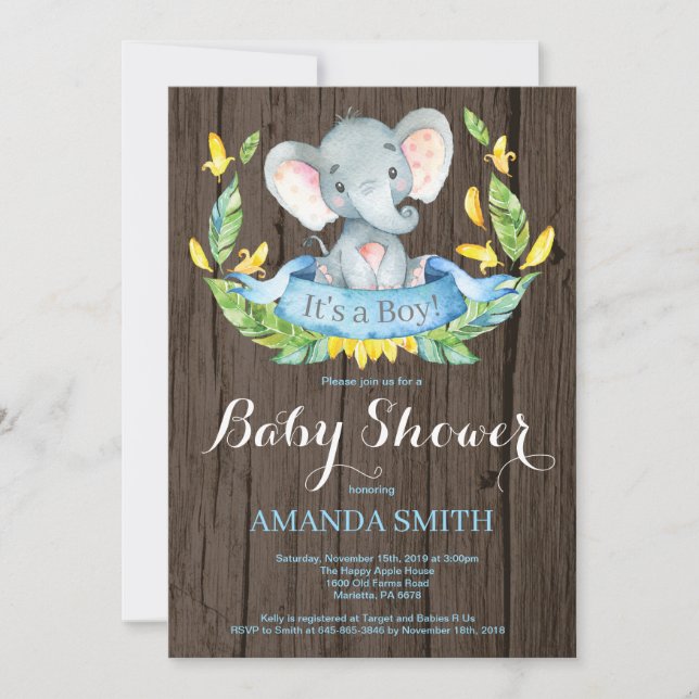 Rustic Boy Elephant Baby Shower-inbjudan Inbjudningar (Framsida)