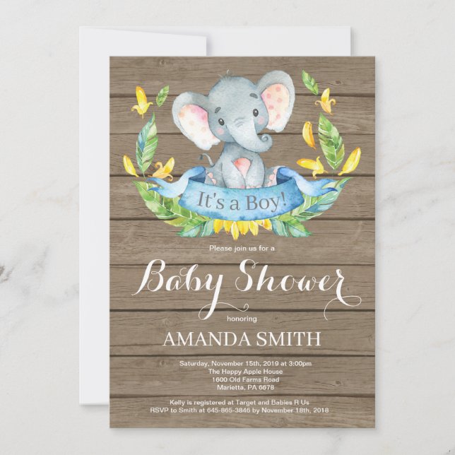 Rustic Boy Elephant Baby Shower-inbjudan Inbjudningar (Framsida)