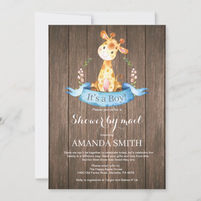 Rustic Boy Giraffe Baby Shower efter e-postinbjuda Inbjudningar (Framsida)