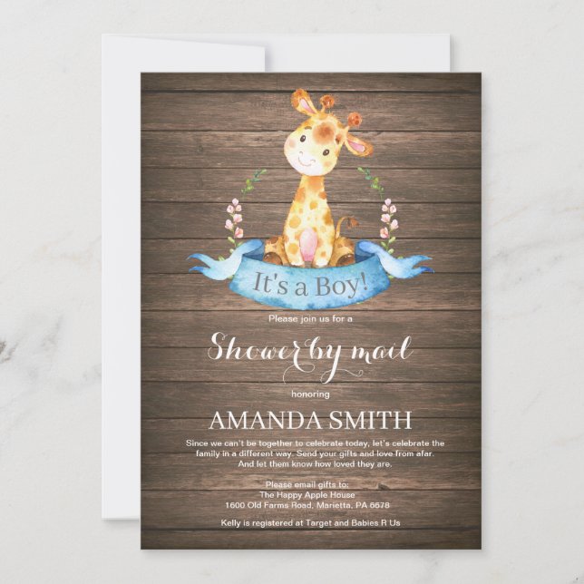 Rustic Boy Giraffe Baby Shower efter e-postinbjuda Inbjudningar (Framsida)