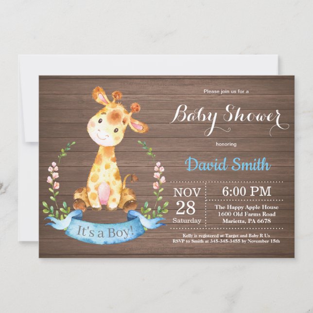 Rustic Boy Giraffe Baby Shower-inbjudan Inbjudningar (Framsida)
