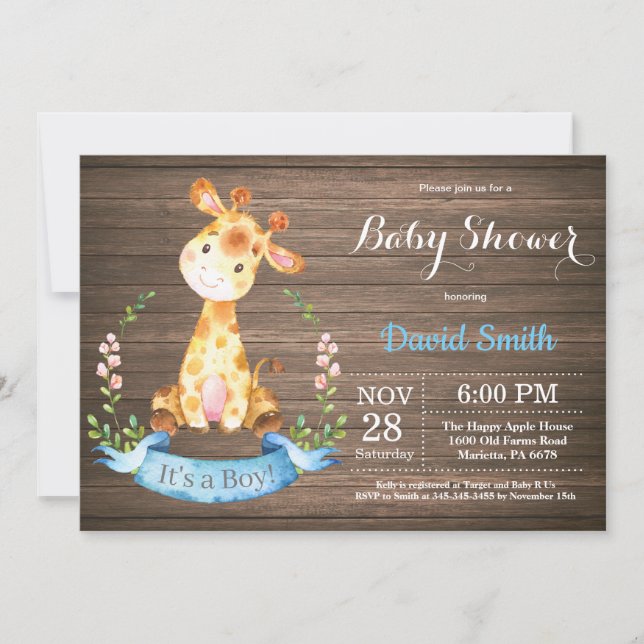 Rustic Boy Giraffe Baby Shower-inbjudan Inbjudningar (Framsida)
