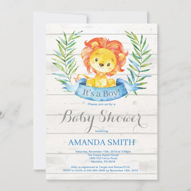 Rustic Boy Lejon Baby Shower-inbjudan Blue Inbjudningar (Framsida)