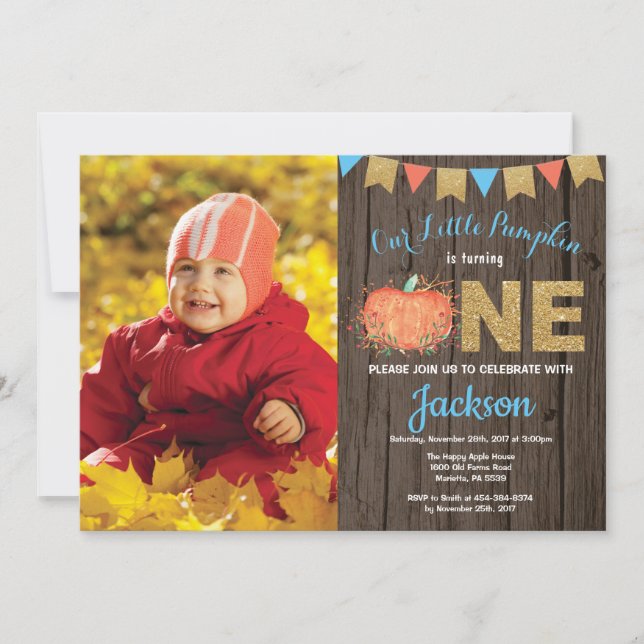 Rustic Boy Pumpkin Fall Birthday-inbjudan Guld Inbjudningar (Framsida)