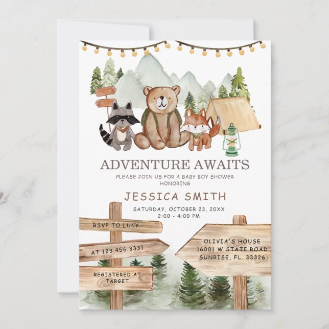 Rustic Boy Woodland Animals Baby Shower Inbjudningar (Framsida)