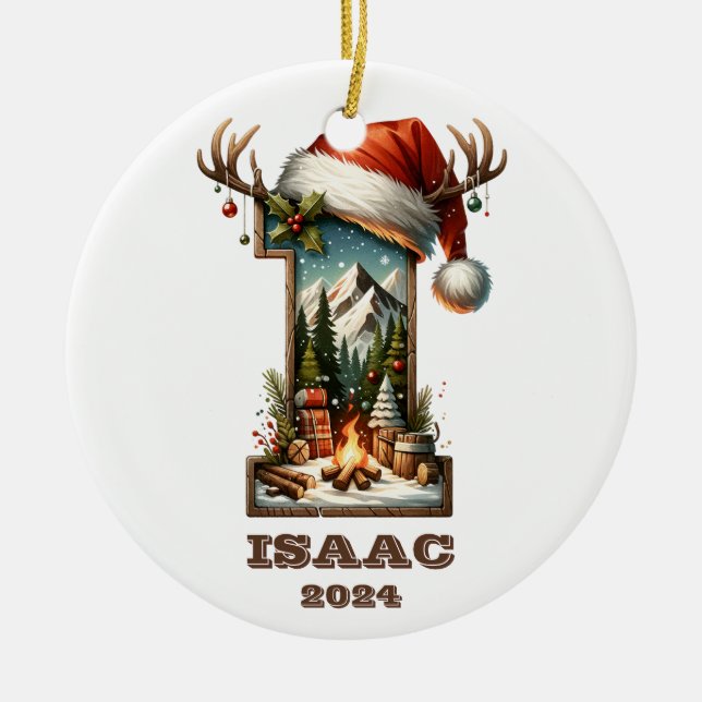 Rustic Brev I med Santa Hat och Winter Scene Julgransprydnad Keramik (Framsidan)