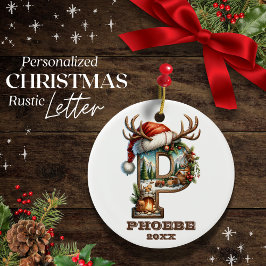 Rustic Brev P med Festive Winter Cabin Scene Julgransprydnad Keramik