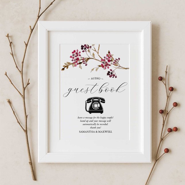 Rustic Bröllop Audio Guest Bok Sign Poster (fall bridal shower theme audio guestbook burgundy red and brown botanicals 
)