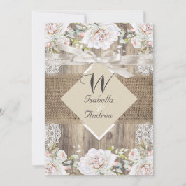 Rustic Bröllop Beige Vit ros Wood Burlap Inbjudningar