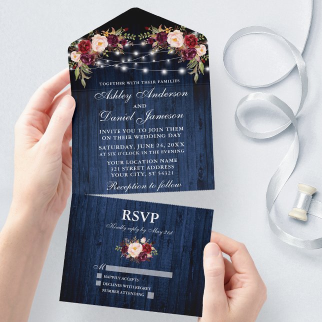 Rustic Bröllop Blommigt Blue Wood Ljus (All In One Wedding Invitation with tear off RSVP Card)