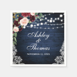 Rustic Bröllop Blue Burgundy Blommigt Snöre Pappersservett