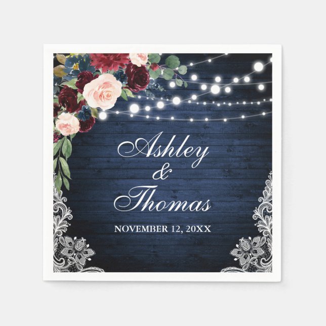 Rustic Bröllop Blue Burgundy Blommigt Snöre Pappersservett (Framsidan)