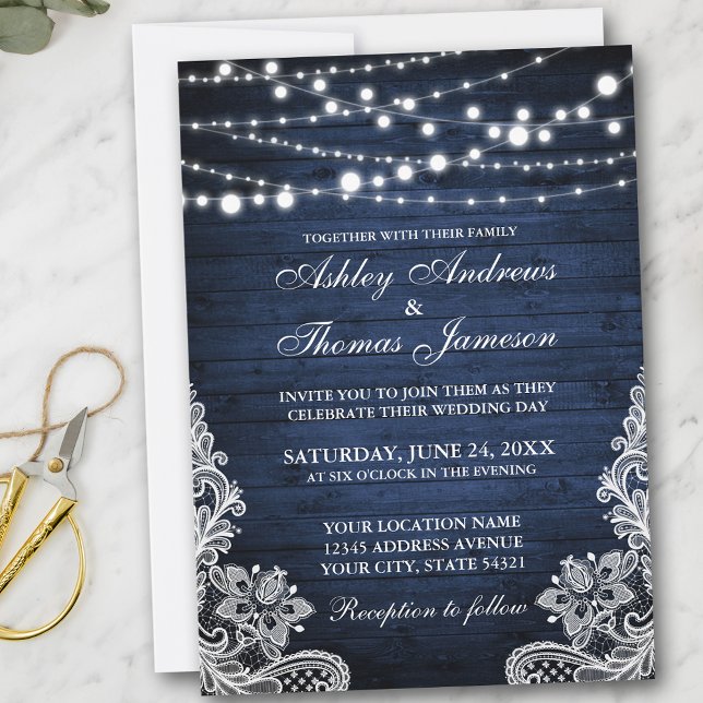 Rustic Bröllop Blue Wood String Ljus Snöre Inbjuda Inbjudningar (Customize to add more text or photos to back of card.)