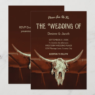 Rustic Bröllop Brown Western Bull Skull Land Inbjudningar