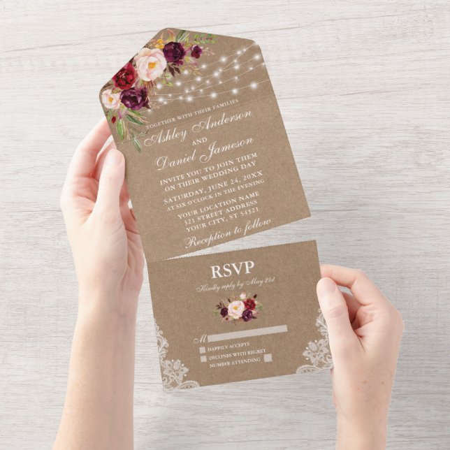 Rustic Bröllop Burgundy Blommigt Ljus Snöre Kraft (Tearaway)