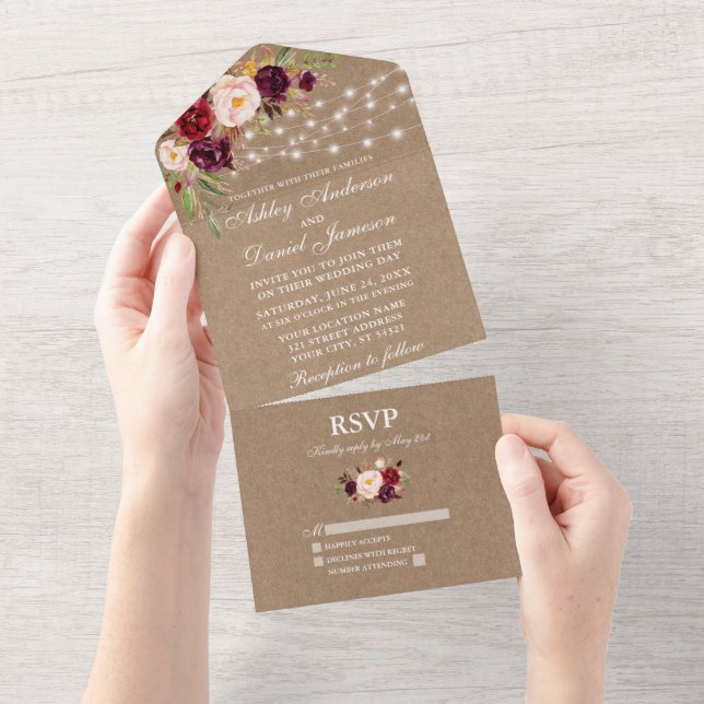 Rustic Bröllop Burgundy Blommigt String Ljus Kraft (Tearaway)