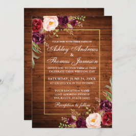 Rustic Bröllop Burgundy Blommigt Wood Guld Inbjuda Inbjudningar