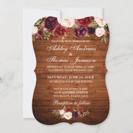 Rustic Bröllop Burgundy Blommigt Wood Inbjudan B