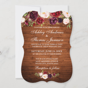 Rustic Bröllop Burgundy Blommigt Wood Inbjudan B