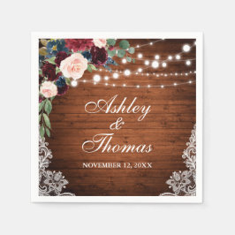 Rustic Bröllop Burgundy Blue Blommigt Snöre Pappersservett