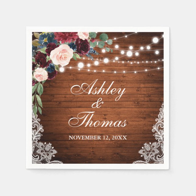 Rustic Bröllop Burgundy Blue Blommigt Snöre Pappersservett (Framsidan)