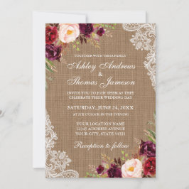 Rustic Bröllop Burlap Burgundy Blommigt Snöre Inbj Inbjudningar