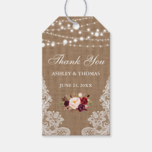 Rustic Bröllop Burlap Snöre Blommigt Tack Presentetikett