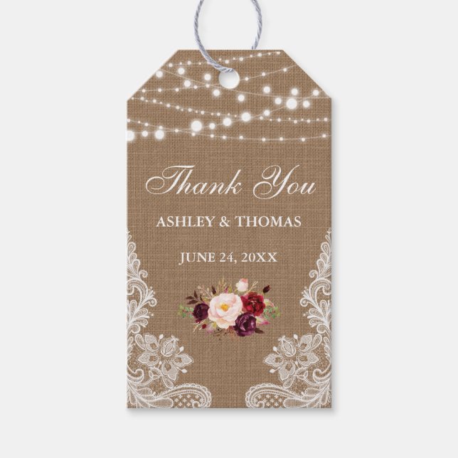Rustic Bröllop Burlap Snöre Blommigt Tack Presentetikett (Framsidan)