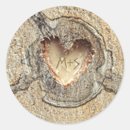 Rustic Bröllop Carved Wood Heart Runt Klistermärke