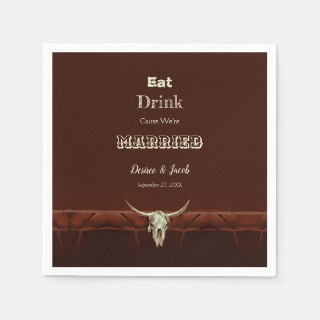 Rustic Bröllop Eat Drink Married Bull Skull Napkin Pappersservett (Framsidan)