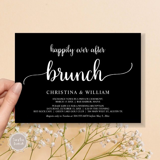 Rustic Bröllop Elopement lyckligtvis allt efter Br Inbjudningar (Rustic Wedding Elopement Happily Ever After Brunch Invitation Card, PDF, in Classy Black)