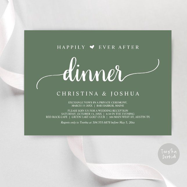 Rustic Bröllop Elopement lyckligtvis allt efter mi Inbjudningar (Happily Ever After Dinner Invitation Card, Modern Elopement Rustic Script, PDF, Forest Sage Green)