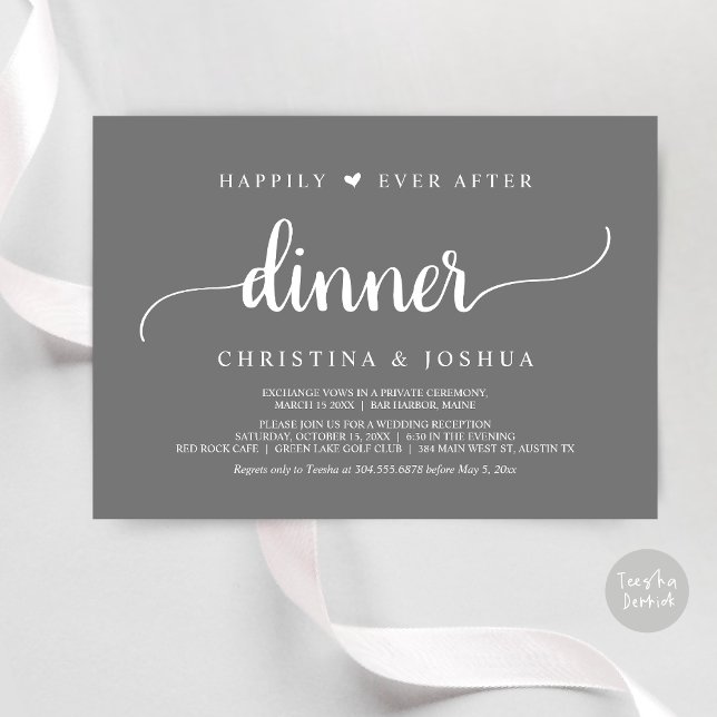 Rustic Bröllop Elopement lyckligtvis allt efter mi Inbjudningar (Happily Ever After Dinner Invitation Card, Modern Elopement Rustic Script, PDF, Dark Grey)