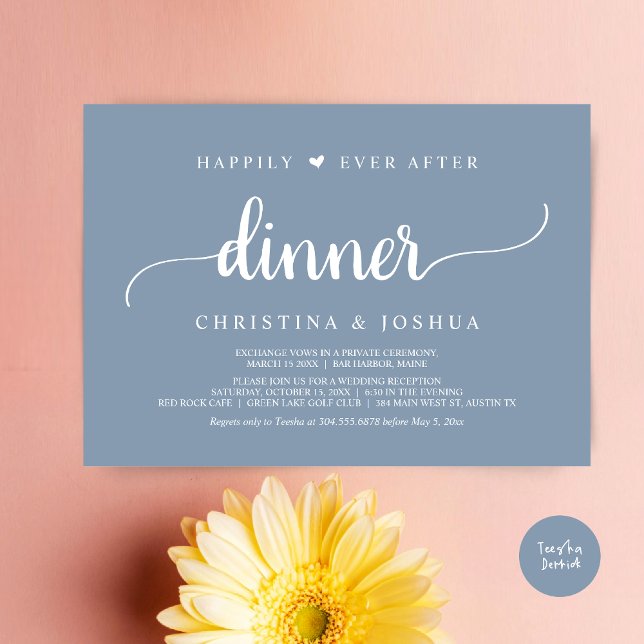 Rustic Bröllop Elopement lyckligtvis allt efter mi Inbjudningar (Happily Ever After Dinner Invitation Card, Modern Elopement Rustic Script, PDF, Dusty Blue)