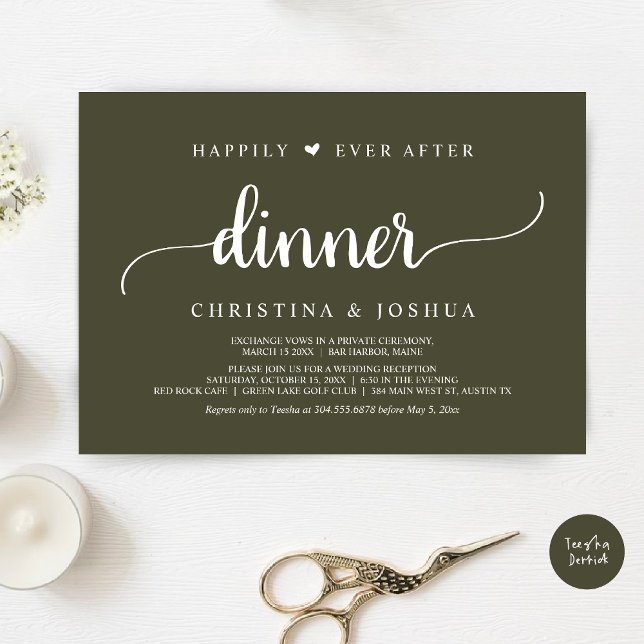 Rustic Bröllop Elopement lyckligtvis allt efter mi Inbjudningar (Happily Ever After Dinner Invitation Card, Modern Elopement Rustic Script, PDF, Olive Green)