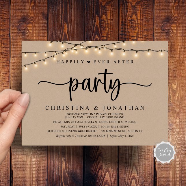Rustic Bröllop Elopement, lyckligtvis allt efter P Inbjudningar (Rustic Wedding Elopement, Happily Ever After Party Invitation Card, PDF, String Lights Brown Kraft)