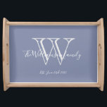Rustic Bröllop Gift Monogram-familjen Namn Blue Frukostbricka<br><div class="desc">Rustic Bröllop Gift Monogram-familjen Namn Enkel Elegant Light Blue Serving Fack. Personlig i monogram, med familjens efternamn eller ditt namn och fastställt datum i vitt skript med en ljusblå bakgrund. En unik gåva till bröllop, nygifta och möhippa. Det är trevligt för deras nya liv tillsammans och en nyttig present till...</div>