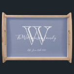 Rustic Bröllop Gift Monogram-familjen Namn Blue Frukostbricka<br><div class="desc">Rustic Bröllop Gift Monogram-familjen Namn Enkel Elegant Light Blue Serving Fack. Personlig i monogram, med familjens efternamn eller ditt namn och fastställt datum i vitt skript med en ljusblå bakgrund. En unik gåva till bröllop, nygifta och möhippa. Det är trevligt för deras nya liv tillsammans och en nyttig present till...</div>