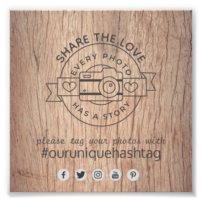 Rustic Bröllop Hashtag Sign - Wood Camera  Fototryck (Framsidan)