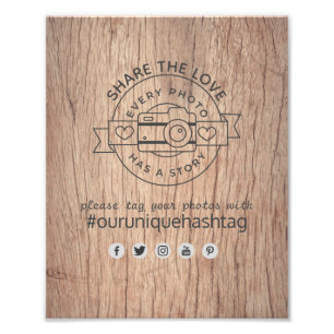 Rustic Bröllop Hashtag Sign - Wood Camera  Fototryck