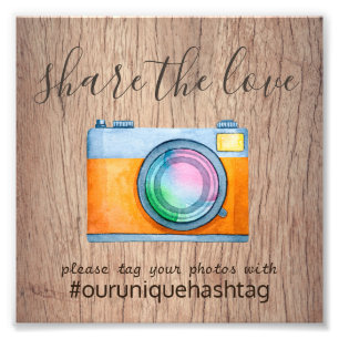 Rustic Bröllop Hashtag Sign - Wood Camera  Fototryck