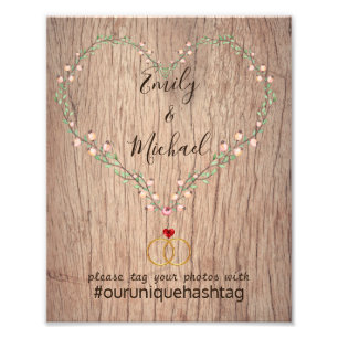 Rustic Bröllop Hashtag Sign - Wood Heart Blommigt Fototryck