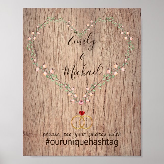 Rustic Bröllop Hashtag Sign - Wood Heart Blommigt Poster (Framsidan)