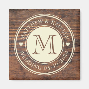 Rustic Bröllop Heart Monogram i Mörk Walnut Magnet