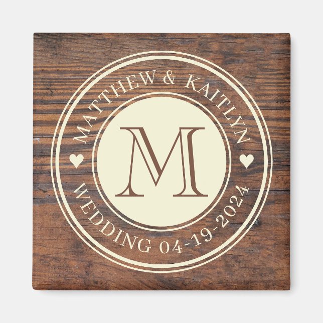 Rustic Bröllop Heart Monogram i Mörk Walnut Magnet (Framsidan)