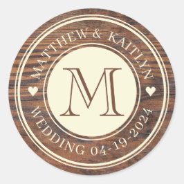 Rustic Bröllop Heart Monogram i Mörk Walnut Runt Klistermärke