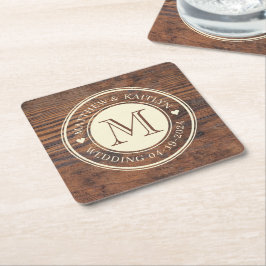Rustic Bröllop Heart Monogram i Mörk Walnut Underlägg Papper Kvadrat